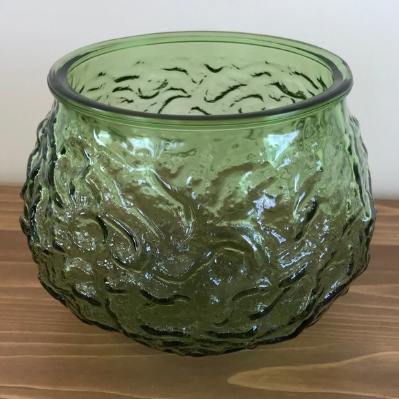 Green Crinkle Glass Widemouth Flower Bowl Vase Vintage EO Brody 1018 USA - Picture 1 of 7